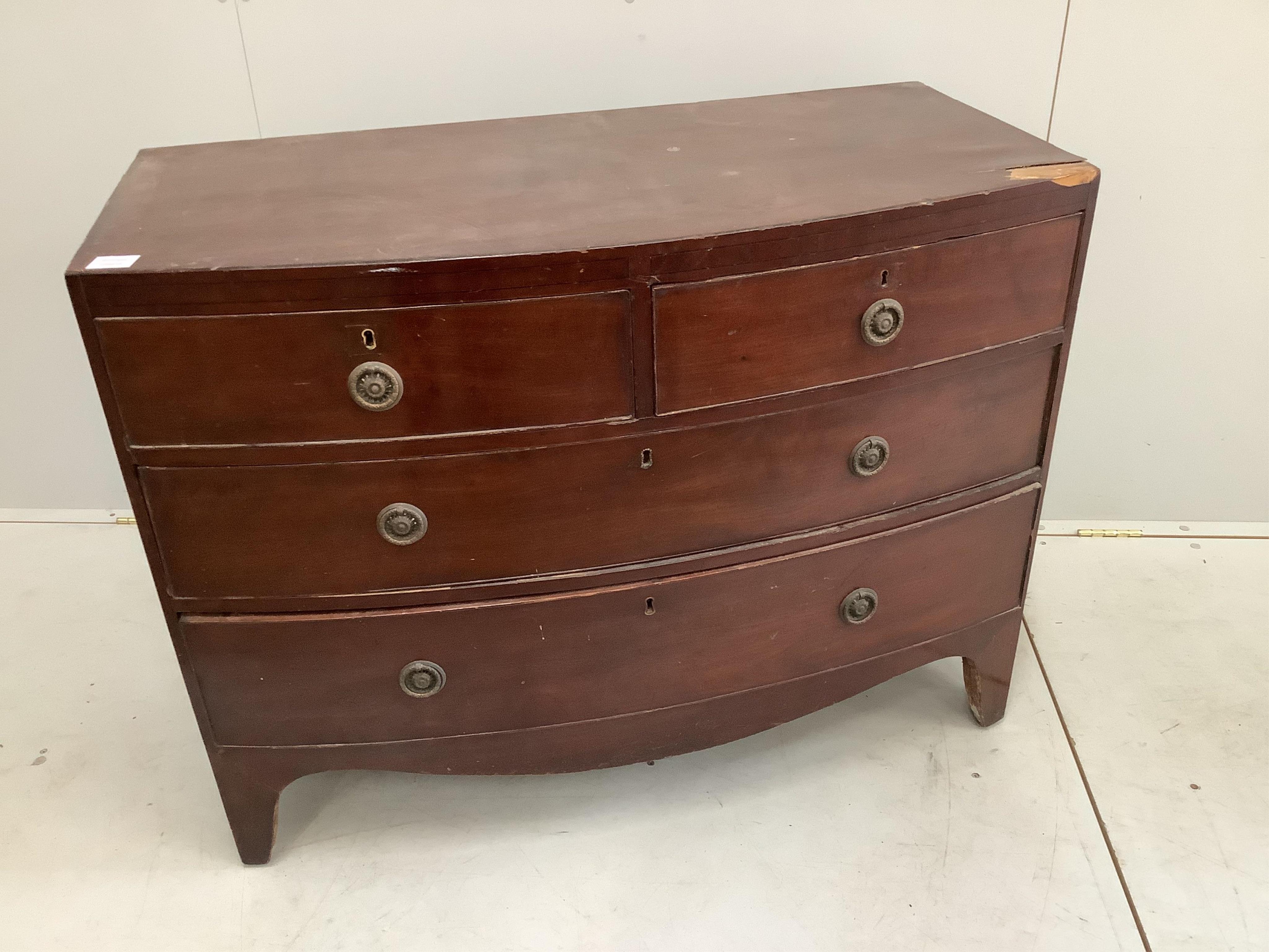 A Regency mahogany bowfront chest, width 104cm, depth 52cm, height 80cm. Condition - poor